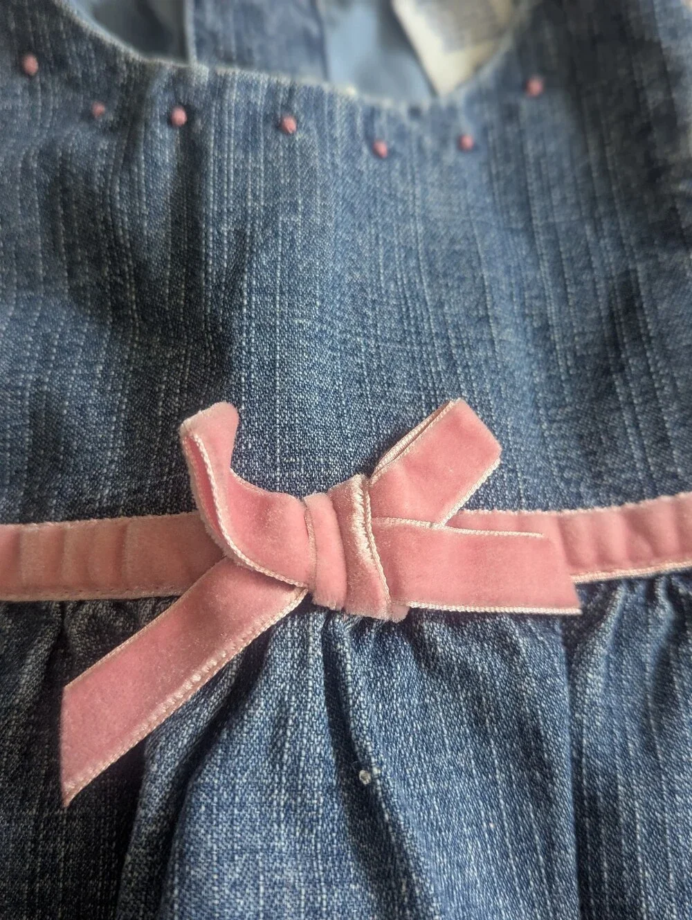 Vintage Genuine Baby From Oshkosh Girl 6M Denim Dress Pink Flocked Ribbon